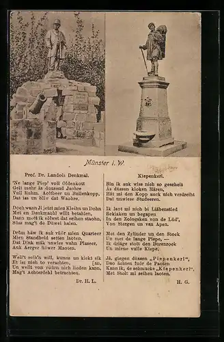 AK Münster i. W., Prof. Dr. Landois Denkmal und Kiepenkerl mit Text