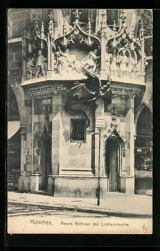 AK München, Neues Rathaus mit Lindwurmecke