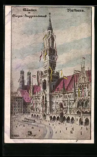 Künstler-AK München, Rathaus im Sieges-Flaggenschmuck