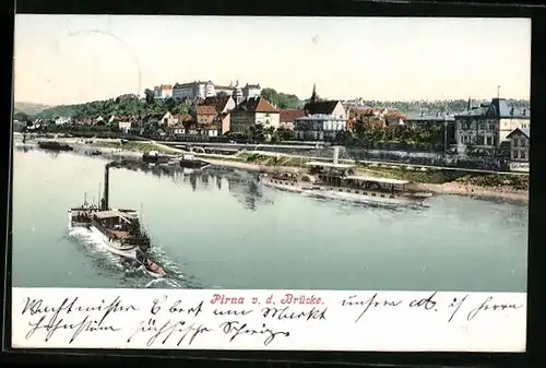 AK Pirna, Blick von der Brücke zur Stadt