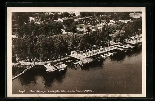 AK Berlin-Tegelort, Strandanlagen am Tegeler See vom Flugzeug aus