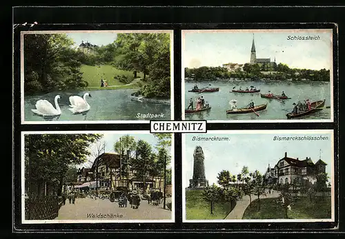 AK Chemnitz, Stadtpark, Schlossteich, Waldschänke, Bismarckturm und Bismarckschlösschen