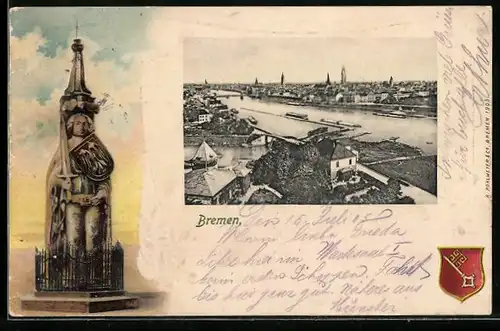 AK Bremen, Stadtansicht aus der Vogelschau, Roland der Riese