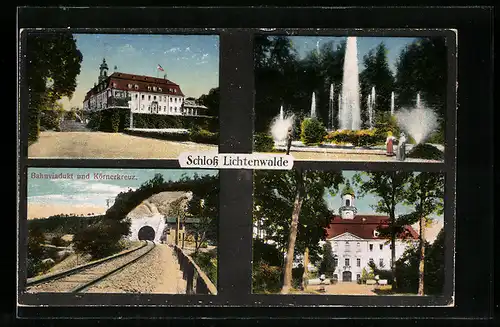 AK Lichtenwalde im Zschopautal, Drei Ansichten von Schloss und Garten, Bahnviadukt und Körnerkreuz