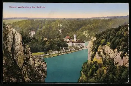AK Kelheim, Kloster Weltenburg aus der Vogelschau