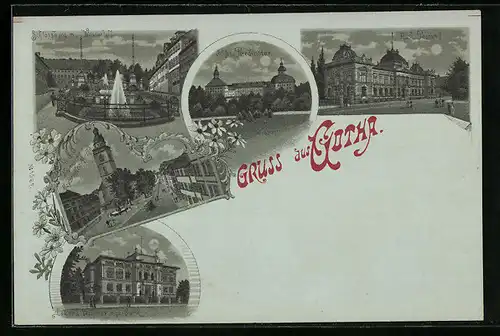 Mondschein-Lithographie Gotha, Schloss Friedenstein, Kaiserl. Postamt, Schlossberg mit Wasserfall