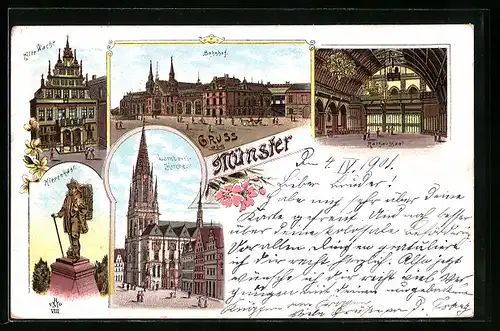 Lithographie Münster i. W., Lamberti-Kirche, Kiepenkerl, Bahnhof, Rathaussaal