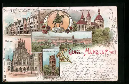 Lithographie Münster /Westf., Prinzipalmarkt, Mauritz-Kirche und Rathaus