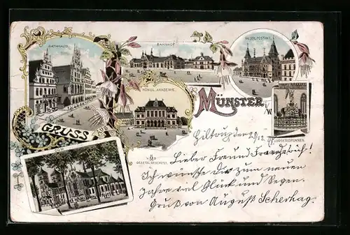 Lithographie Münster i. W., Rathhaus, Bahnhof und Königliche Akademie