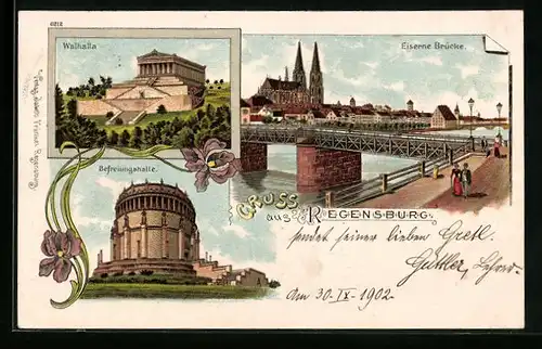 Lithographie Regensburg, Befreiungshalle, Walhalla, Eiserne Brücke