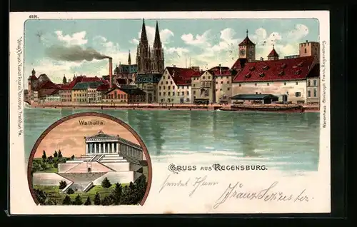 Lithographie Regensburg, Stadtansicht und Walhalla