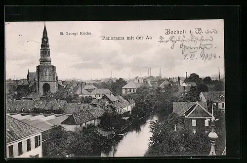 AK Bocholt i. W., Panorama mit der Aa, St. Georgs Kirche