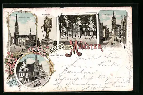 Lithographie Münster i. W., Lamberti-Kirche, Rathaus, Prinzipal-Markt