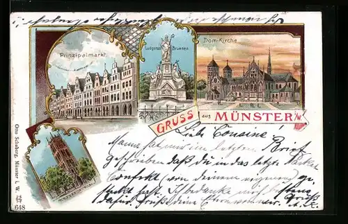 Lithographie Münster i. W., Ludgerus-Brunnen, Prinzipalmarkt und Dom-Kirche