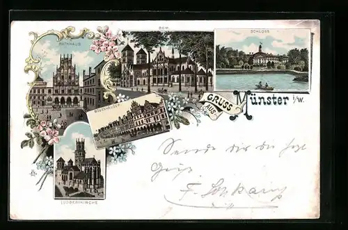 Lithographie Münster i. W., Rathhaus, Ludgerikirche und Schloss