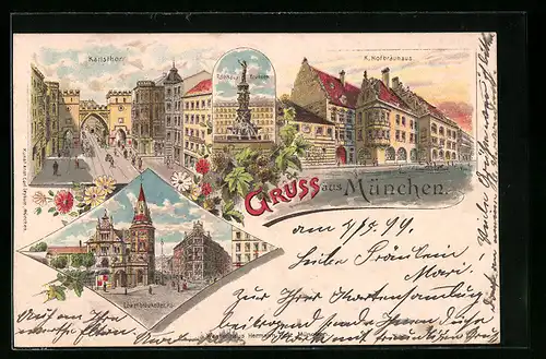 Lithographie München, Gasthaus K. Hofbräuhaus, Gasthaus Löwenbräukeller, Karlstor