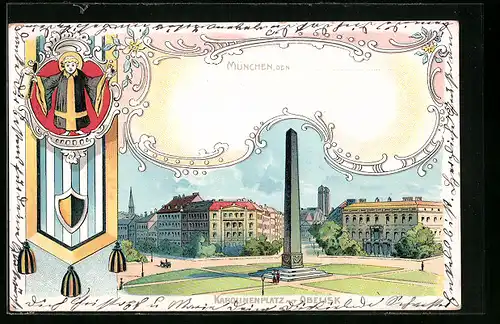 Lithographie München, Karolinenplatz mit Obelisk, Wappen Münchner Kindl