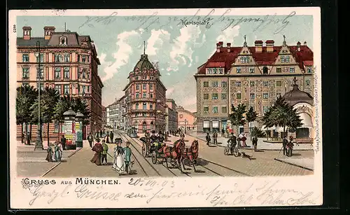 Lithographie München, Karlsplatz mit Kutsche und Strassenbahn