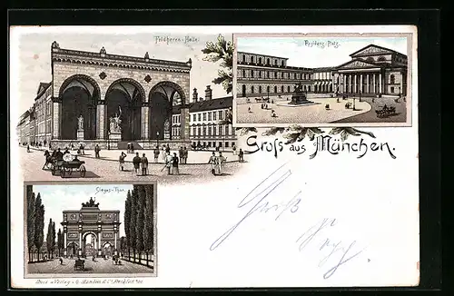 Lithographie München, Feldherrn-Halle, Residenz-Platz, Sieges-Tor