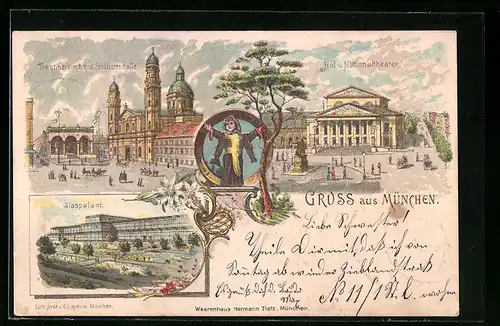 Lithographie München, Glaspalast, Theatinerkirche mit Feldherrnhalle, Nationaltheater, Münchner Kindl
