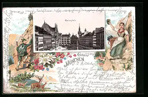 Lithographie München, Marienplatz und Paar in Tracht in den Bergen