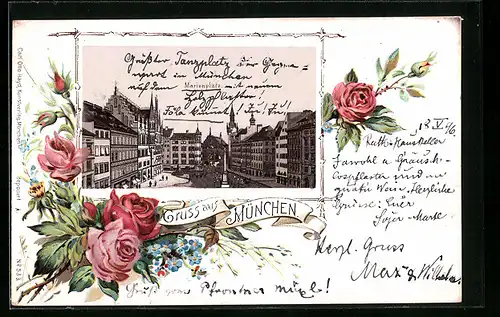Lithographie München, Der Marienplatz mit Rosen verziert