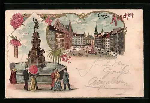 Lithographie München, Marienplatz und Fischbrunnen