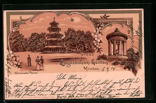 Lithographie München-Schwabing, Abendröte am Chinesischen Turm im Englischen Garten