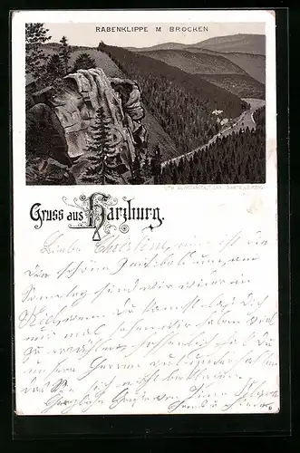 Lithographie Harzburg, Rabenklippe mit Brocken