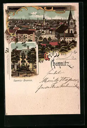 Lithographie Chemnitz, Saxonia-Brunnen, Totalansicht aus der Vogelschau
