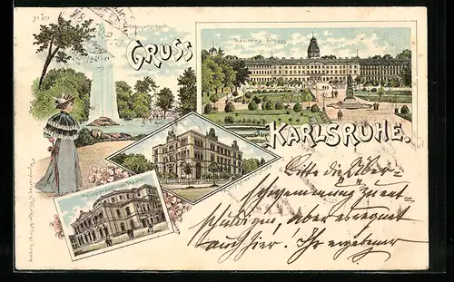 Lithographie Karlsruhe, Residenzschloss, Kunstgewerbeschule, Grossherzogliches Theater