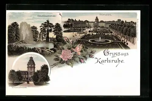 Lithographie Karlsruhe, Schloss, Schlossturm, Schlossgartensee