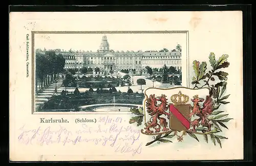 Passepartout-Lithographie Karlsruhe, Ansicht vom Schloss mit Parkanlagen, Wappen