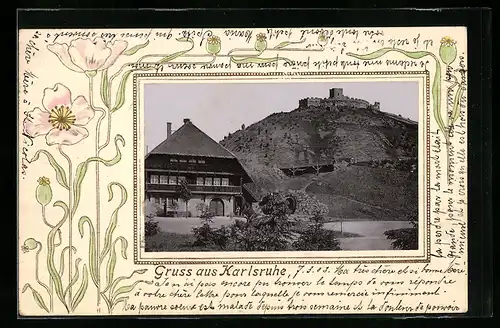 Passepartout-Lithographie Karlsruhe, Blick zur Burg