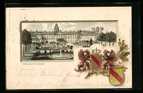 Passepartout-Lithographie Karlsruhe, Ansicht vom Schloss, Wappen