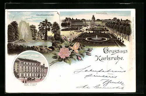 Lithographie Karlsruhe, Hotel Victoria, Schloss und Schlossgartensee