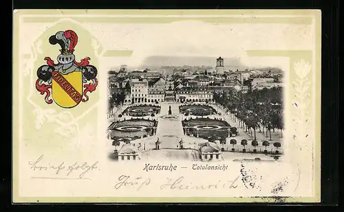 Passepartout-Lithographie Karlsruhe, Totalansicht, Wappen