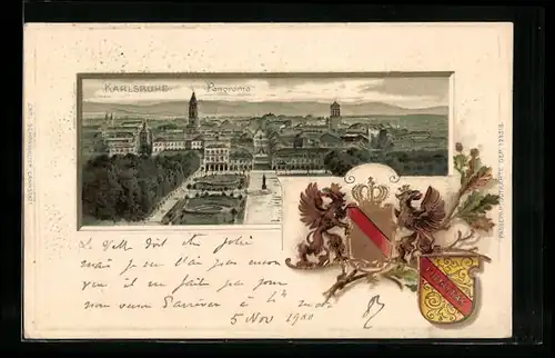 Passepartout-Lithographie Karlsruhe, Panorama mit Wappen