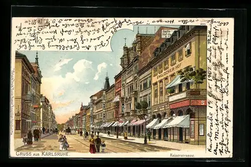 Lithographie Karlsruhe, Kaiserstrasse mit Gasthaus Englischer Hof