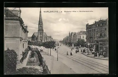 AK Karlsruhe, Durlacher Allee und Bernharduskirche