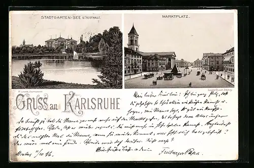 Lithographie Karlsruhe, Stadtgarten-See und Festhalle, Marktplatz