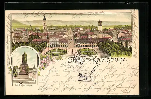 Lithographie Karlsruhe, Friedrichsdenkmal, Totalansicht