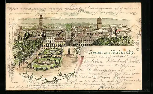 Lithographie Karlsruhe, Totalansicht aus der Vogelschau