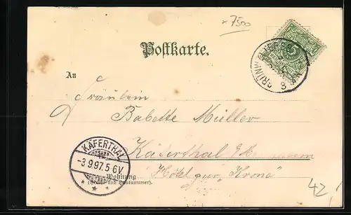 Lithographie Karlsruhe, Totalansicht aus der Vogelschau