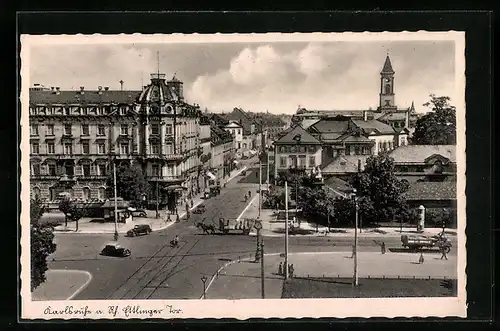 AK Karlsruhe, Ettlinger Tor aus der Vogelschau