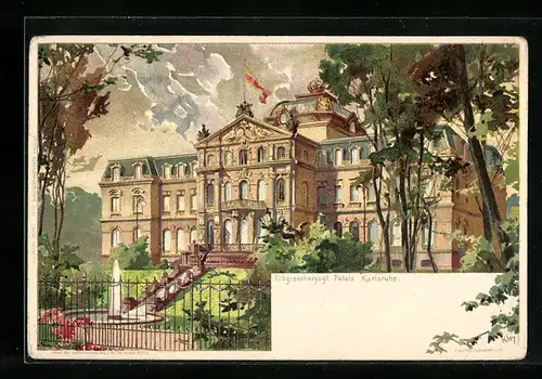 Lithographie Karlsruhe, Erzherzogliches Palais mit Springbrunnen