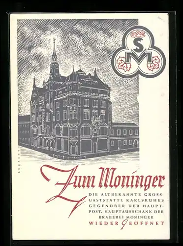 Künstler-AK Karlsruhe, Gasthaus zum Moninger