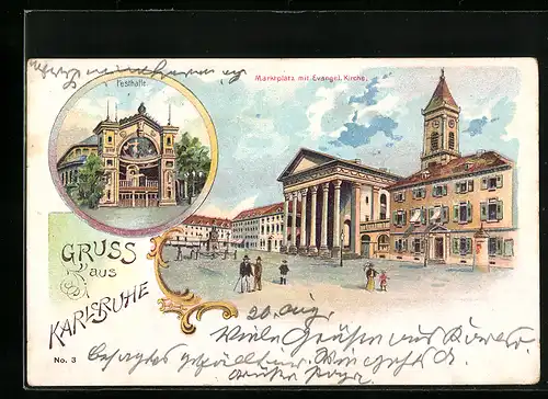 Lithographie Karlsruhe, Marktplatz mit Evang. Kirche, Festhalle