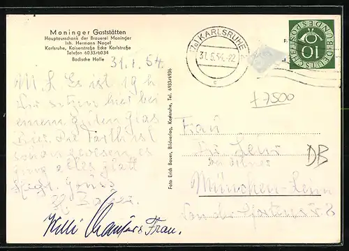 AK Karlsruhe, Gaststätte Moninger in der Kaiserstrasse Ecke Karlstrasse