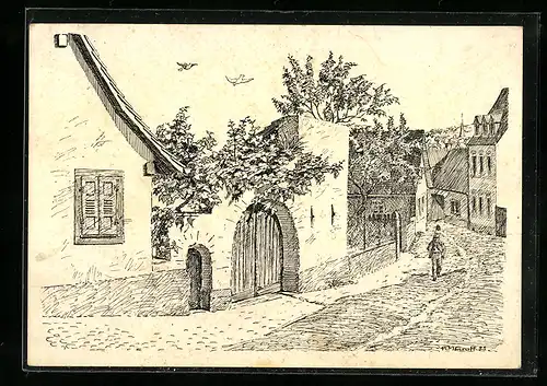 Künstler-AK Karlsruhe-Grötzingen, Blick in die Lammstrasse